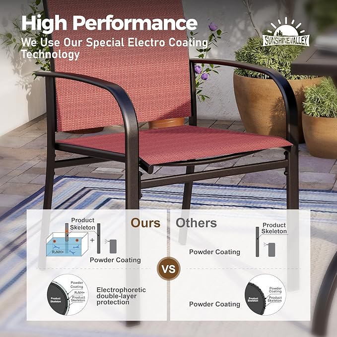 7 Pcs Patio Dining Set for 6, Rectangular Metal Dining Table with Umbrella Hole and 6 Chairs, Outdoor Table and Chairs Set for Lawn Garden Backyard and Deck, Red