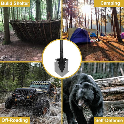 Camping Shovel 38'', with Pickaxe, Survival Folding Spade, Tactical Heavyduty Multitool, Military Compact Shovel for Off-Roading, Entrenching, Car Emergency, Outdoor