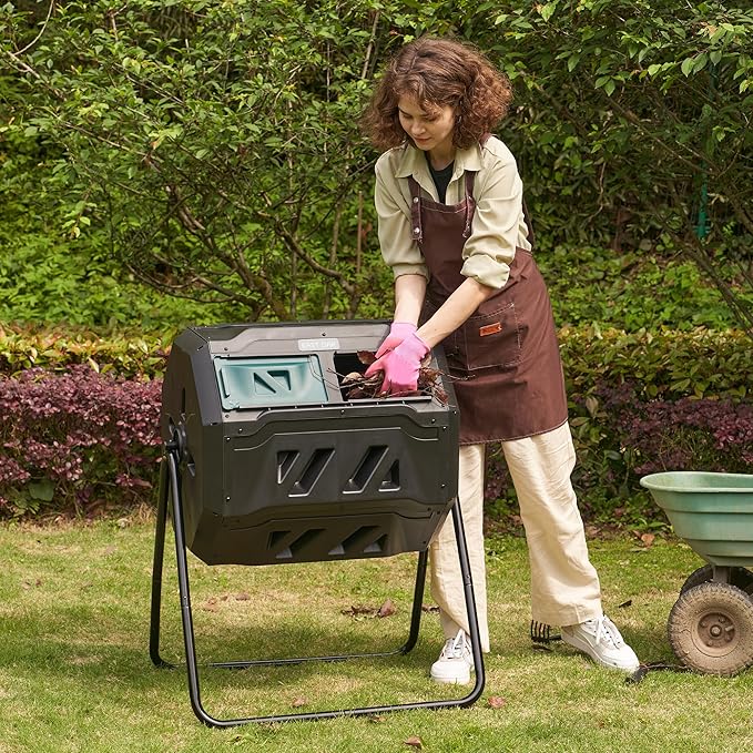 East Oak Compost Tumbler Outdoor, 43-Gal Dual Chamber Compost Bin with 2 Sliding Door and Aeration System, Tumbling Rotating Composter Bin for Garden, Kitchen, Yard
