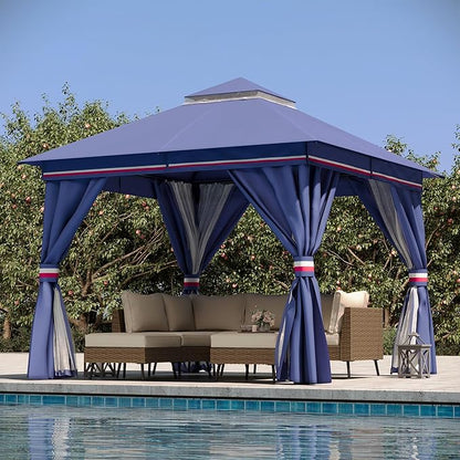 Outdoor Patio Gazebo 10FT, Heavy Duty Party Tent & Shelter with 2-Tier Roof and Expansion Bolts, Mosquito Nettings and Privacy Screens for Backyard, Garden, Poolside, Classic Blue