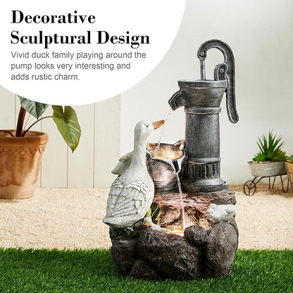 Glitzhome 24" Farmhouse Duck Outdoor Fountain with LED & Pump – 2-Tier Cascading Water Fountain for Outside Garden Decor - Rustic Waterfall for Backyard, Garden, or Patio Decor