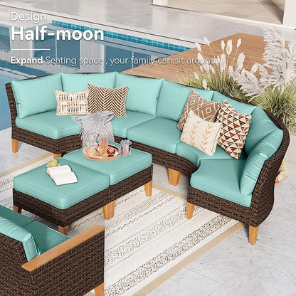 GREEN PARTY 11 Pieces Wicker Patio Furniture Set, All-Weather Outdoor Rattan Half-Moon Curved Patio Sectional Sofa Conversation Set 11 Seats with 4" Thick Cushions for Backyard, 2 x Ottomans (Blue)