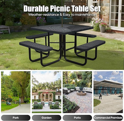 8-Person Outdoor Picnic Tables,46" Heavy-Duty Metal Square Picnic Table,Expanded Metal Commercial-Grade Table with 4 Benches & Umbrella Hole,Waterproof Coating Beach Table for Patio,Garden, Backyard