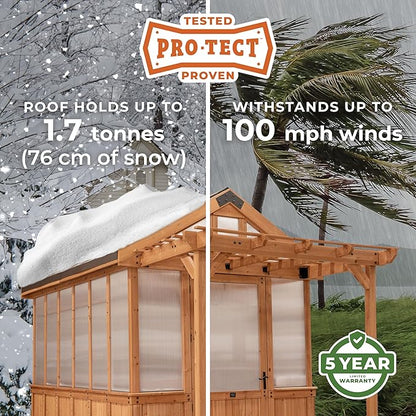 Backyard Discovery Bellerose 9' x 6' Cedar Wood and Polycarbonate Walk-in Greenhouse Kit with Pergola, Exhaust Fan, Windows, Hose Hook-Ups, PowerPort, Staging Shelves for Year-Round Outdoor Gardening