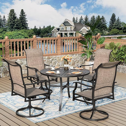 5 Pieces Patio Dining Set, Outdoor Table and Chairs, 4 x Textilene Swivel Dining Chairs and 42" Round Black Table, with 1.57" Umbrella Hole, for Cozy Garden Settings, Grayish Brown