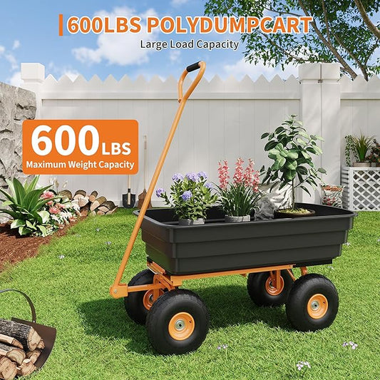 Garden Dump Cart, 4 Cu.Ft. 600Lbs Garden Cart, Heavy-Duty 4 Wheel Wheelbarrow Yard Cart with 10-Inch All-Terrain Wheels, Features A Quick-Release Tipping Function, for Courtyards, Farm, Gardening