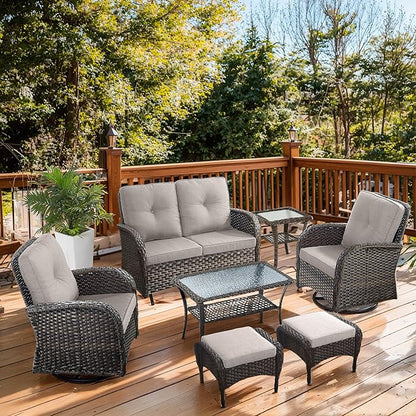 7 Piece Patio Furniture Set - Wicker Patio Conversation Set with Swivel Glider, Glider Loveseat, Tempered Glass Side Table and 2 Ottomans for Deck Backyard - Brown Wicker Beige Cushion