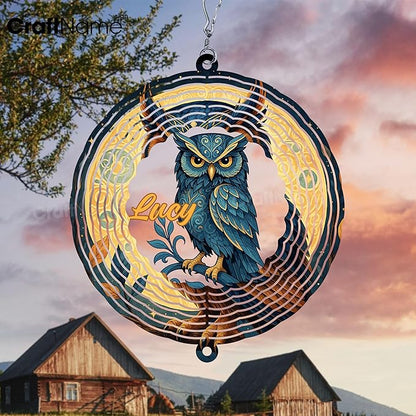 Personalized Owl Wind Spinner 3D Stainless Steel, Owl Garden Spinner Hanging Outdoor Decor, Wind Spinners Outdoor, Custom Gift for Grandmother, Mom, Wife