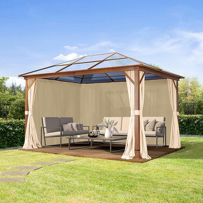 TOOLPORT Hardtop Gazebo 10x13 ft with Polycarbonate Roof - Wood-Like Finish - 4 Side Panels in Champagne