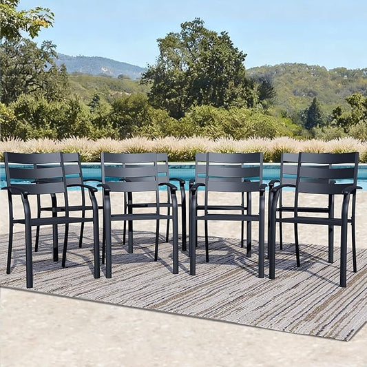 Patio Dining Chairs Set of 8, Black Stackable Outdoor Dining Chairs with Armrest and Wide Back, Wrought Iron Patio Furniture Chairs for Lawn, Backyard, Garden & Deck, Supports 300 LBS