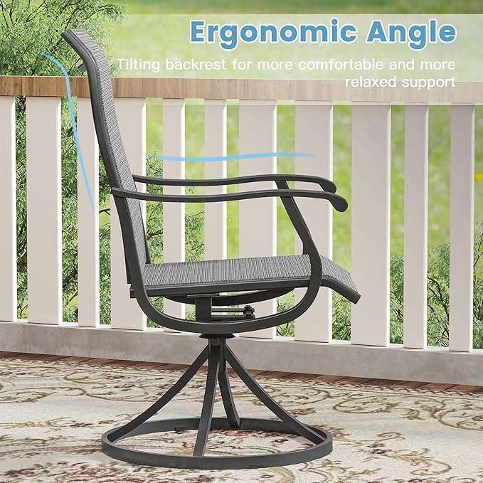 DIFY 7 Pieces Outdoor Patio Dining Set, 6 Dark Grey Textilene Swivel Dining Chairs and 53.1" Black Round Metal Dining Table, Outdoor Table and Chairs