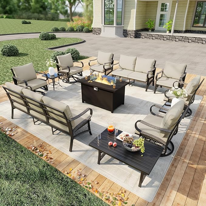 12 Pieces Outdoor Patio Conversation Sets with All Weather Cushions, Metal 3-Seater, 4 Swivel Rockers, 2 Single Chairs, 1 Loveseat, 2 Side Tables, 1 Coffee Table, 1 Fire Pit Table for Backyard, Beige