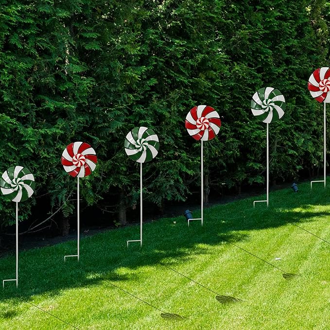 5pcs Wind Spinners Metal Colorful Flowers Garden Stake, Christmas Lollipop Pinwheels, 27" Metal Windmill Yard Art Outside Decorations, Lawn Ornaments Outdoor Garden Décor