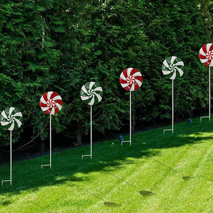 5pcs Wind Spinners Metal Colorful Flowers Garden Stake, Christmas Lollipop Pinwheels, 27" Metal Windmill Yard Art Outside Decorations, Lawn Ornaments Outdoor Garden Décor
