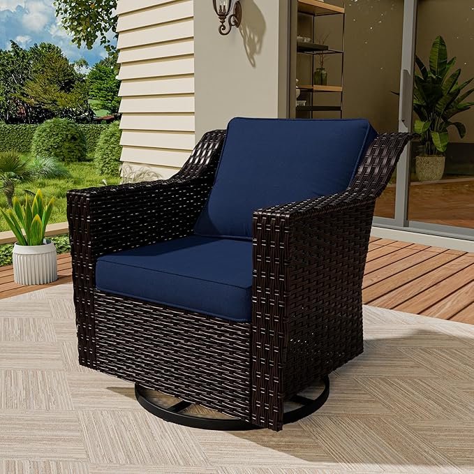 Vista Vibe Outdoor Patio Deep Seat Luxurious Chair - 360 Degree Swivel Glider Rocker Chair with Washable Cushions, Hand-Woven & All-Weather PE Rattan, Balcony, Yard (Brown/Navy)
