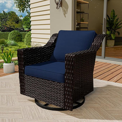 Vista Vibe Outdoor Patio Deep Seat Luxurious Chair - 360 Degree Swivel Glider Rocker Chair with Washable Cushions, Hand-Woven & All-Weather PE Rattan, Balcony, Yard (Brown/Navy)