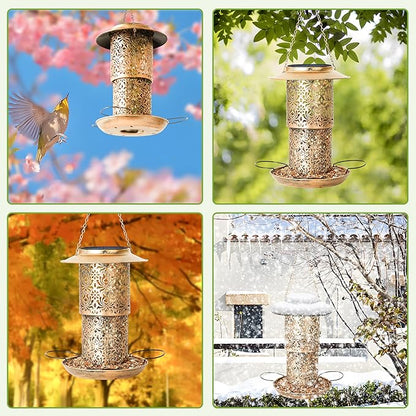 XDW-GIFTS Bird Feeder for Outdoors Solar Hanging Bird Feeder Bird House with Cardinal Feeder Large Capacity Metal Wild Bird Feeder for Garden Decor Unique Gifts & Patio Decor (Bronze, 10.5 INCH)