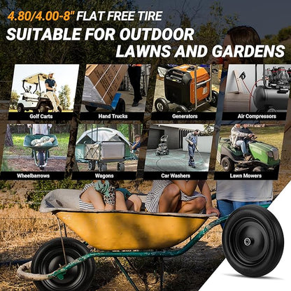 4.80/4.00-8 Flat Free Wheelbarrow Tire with 5/8 & 3/4 Bearing 3" -7" Centered Hub for Garden Cart Ribbed Tread Foamed Polyurethane Tire by NISHCON - 2 Pack