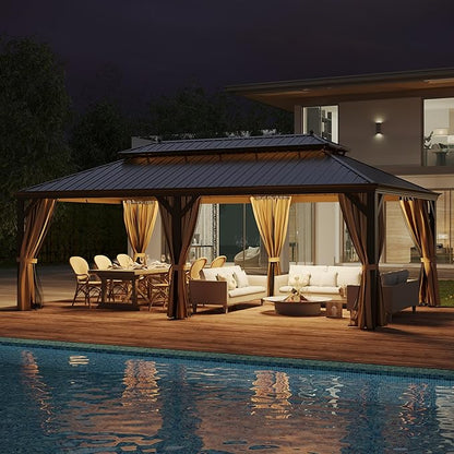 14' X 22' Hardtop Gazebo, Outdoor Galvanized Steel Double Roof Permanent Aluminum Frame Pavilion Pergola Canopy with Privacy Curtains for Garden, Patio, Backyard, Deck and Lawns.