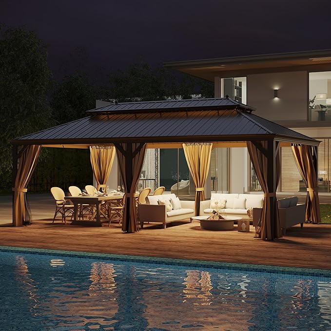 14'x22' Hardtop Gazebo Outdoor Aluminum Patio Gazebo Double Roof Galvanized Steel Canopy with Netting and Curtains for Garden, Backyard, Deck and Lawns