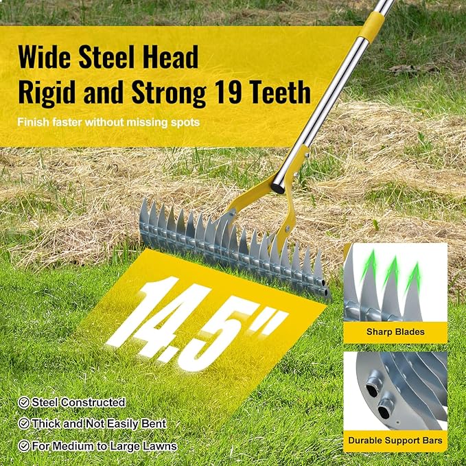 2 in 1 Rake: Stainless Steel Garden Rake for Leaves,Thatch,55” Heavy Duty 19 Tines Lawn Manual Dethatcher with Adjustable Head,Thatching Rakes for Lawn Yard Grass, Debris Removal, Soil Loosening