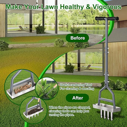 Lawn Coring Aerator, Manual Aerator Lawn Tool, Stainless Steel 4 Core Aerator And Soil Core Storage Tray, Plug Aerator For Garden Tools & Yard tools, For Loosening Soil and Improving Lawn Health
