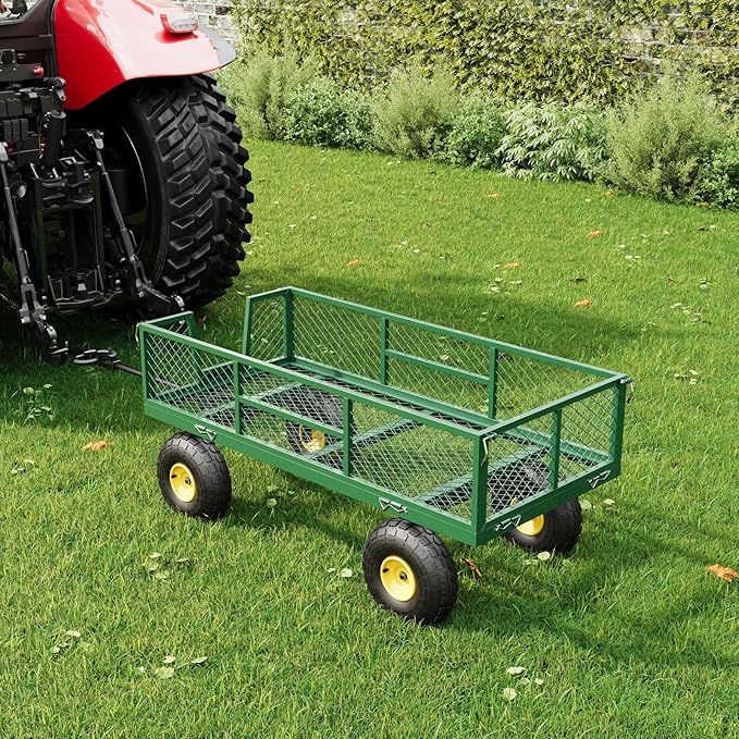 900 LBS Garden Cart on Wheels with Adjustable Handles, Heavy Duty Steel Garden Wagon with Removable Mesh Sides to Convert into Flatbed, Wagon Cart for Lawn Farm Yard, Green