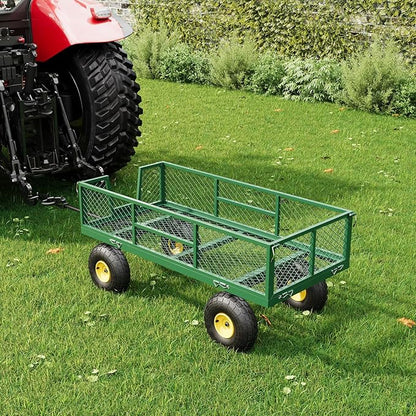 900 LBS Garden Cart on Wheels with Adjustable Handles, Heavy Duty Steel Garden Wagon with Removable Mesh Sides to Convert into Flatbed, Wagon Cart for Lawn Farm Yard, Green