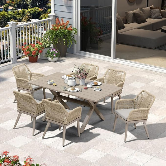 PURPLE LEAF 10' x 12' Outdoor Hardtop Gazebo with 7 Pieces Outdoor Dining Set, Champagne Aluminum Gazebo with Galvanized Steel Double Roof, Curtains and Netting for Patio Lawn and Garden