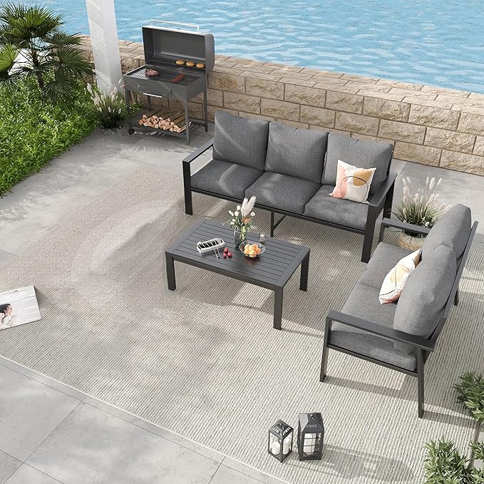 Aluminum Patio Furniture Set with Cushions 3-Piece Outdoor Sectional Metal Conversation Sofa Set with Coffee Table for Garden,Lawn,Backyard,Deck