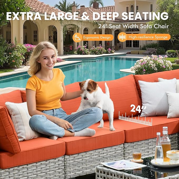Outdoor Sectional Patio Furniture Set with Glowing Table,5 Pieces Wicker Conversation Sets L Shaped Couch Out Door Sofa Set Outside Furniture for Garden Deck Yard Porch,Orange Red