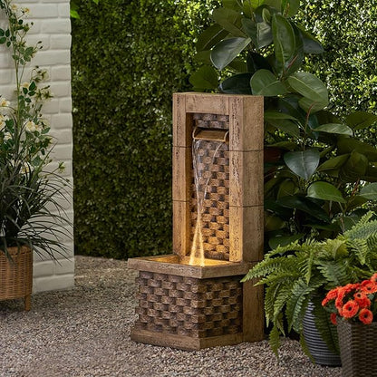 Merax 35.25" High Wall Tower Fountain,Weather-Resistant Outdoor Fountain with LED Lights, Light Brown Faux Stone, Garden Fountain for Patio, Yard, or Entryway