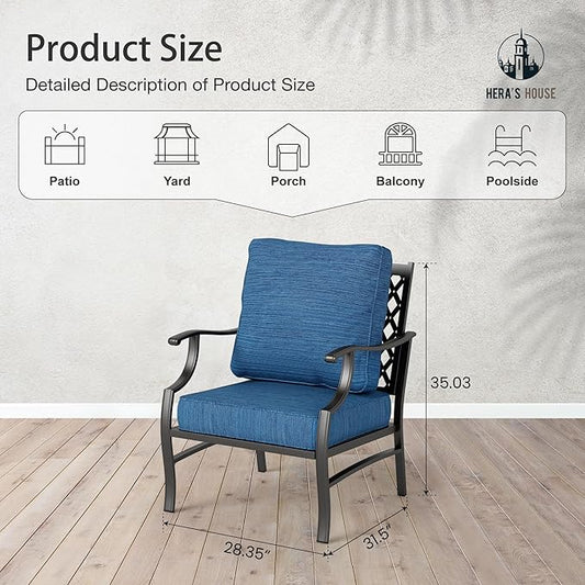 HERA'S HOUSE Outdoor Chairs Set of 2, 2 x Patio Chair with Pacific Blue Cushions, All Weather Outdoor Furniture for Lawn Garden Backyard Deck(Leg Chairs)