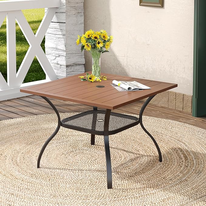 DIFY Outdoor Dining Table, Patio Square Metal Dining Table with 1.57" Umbrella Hole for 4 Person, Ideal for Poolside, Deck, Garden and Balcony, Walnut