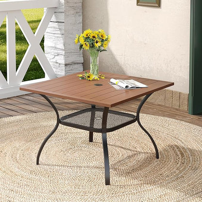 DIFY Outdoor Dining Table, Patio Square Metal Dining Table with 1.57" Umbrella Hole for 4 Person, Ideal for Poolside, Deck, Garden and Balcony, Walnut