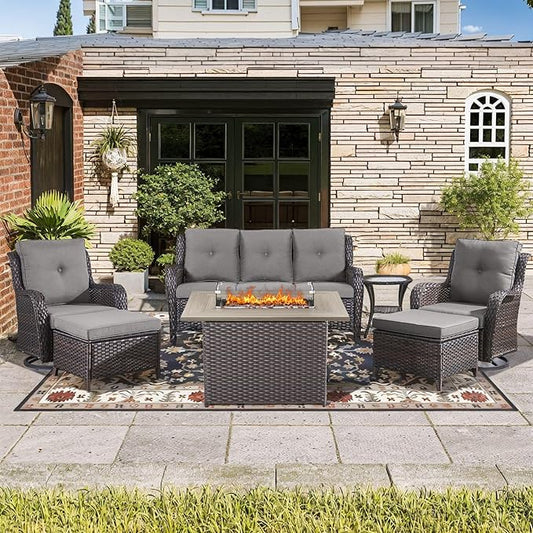 Wicker Outdoor Conversation Se with 50,000 BTU Gas Propane Fire Pit Tablet-7 Pieces Outdoor Wicker High Back Couch Patio Furniture for Deck Poolside Backyard