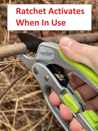Garden Guru Ratchet Pruning Shears - Professional Garden Clippers with Ergonomic Grip and Brush - Makes Tough Cuts Easy (2 Pack)