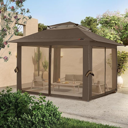 ABCCANOPY 13x13 Pop Up Gazebo, Outdoor Canopy Tent, Instant Screened Shelter with Mosquito Netting for Patio, Garden, Backyard, Party, Camping (Brown)