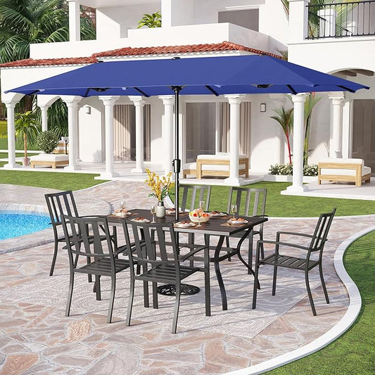 PHI VILLA 7 Piece Patio Dining Set with Umbrella, 60” Rectangular Metal Dining Table & 6 Stackable Metal Chairs & 13ft Large Navy Umbrella for Outdoor, Deck, Yard, Porch