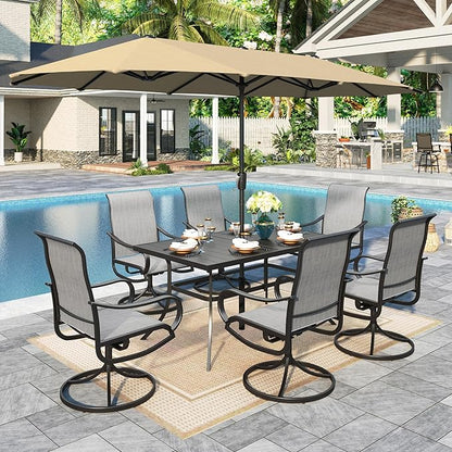 Sophia & William Patio Set with Umbrella 8 Pieces Outdoor Dining Set for 6 with 13ft Large Patio Umbrella Beige, 6 x Grey Swivel Patio Chairs with 59" Dining Table for Lawn Garden