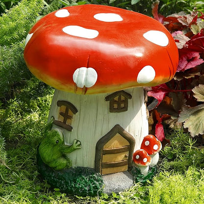 14''H Mushroom House Statue Outdoor Statues Garden Resin Stool Over Sized Sculpture Fairy Forest Pedestal Spring Decor for Home Courtyard Lawn Patio Summer Ornament Indoor Stool