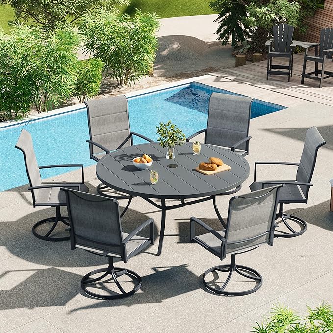 VICLLAX 50" Outdoor Round Patio Dining Table for 4-6, All Weather Metal Dining Table with Umbrella Hole for Deck Lawn Garden Backyard, Dark Grey