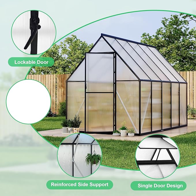 6 ft x9 ft Aluminum-Framed Polycarbonate Greenhouse, Heavy Duty Polycarbonate Greenhouse with Quick Setup Structure and Roof Vent, Large Enhanced Aluminum Green House Kit for Outdoors
