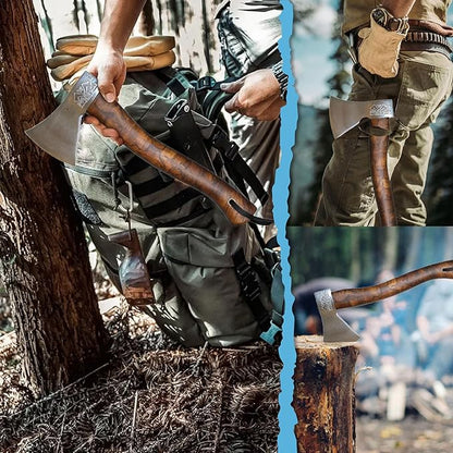 Prandi Axes German C45 Forged Carbon Steel Hatchet - Briar Hickory Handle with Leather String - Ideal for Camping, Travel and Bushcraft - 14" L x 6" W, 600g Polished Head 3.003.06.AH - No Sheath