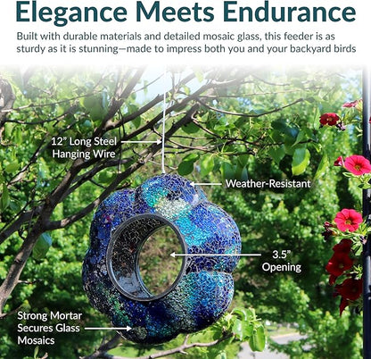 Sunnydaze 10-Inch Glass Mosaic Hanging Bird Feeder for Outdoors - Fly-Through Wild Bird Feeder - Indigo Flower Mosaic