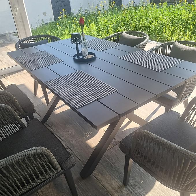 PURPLE LEAF 7 Pieces Patio Dining Set Wicker Outdoor Furniture Rectangular Table and Chairs Set for Garden Deck Aluminum Frame Backyard Kitchen Set, Cushions and Pillows Included Grey