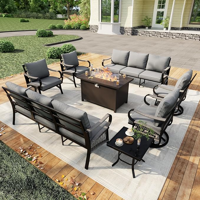 8 Pieces Patio Conversation Sets, All Weather Metal Outdoor Furniture Set, 2 Three-Seater, 2 Swivel Rockers, 2 Single Chairs, 1 Side Tables, 1 Fire Pit Table for Backyard Garden Deck Porch, Gray