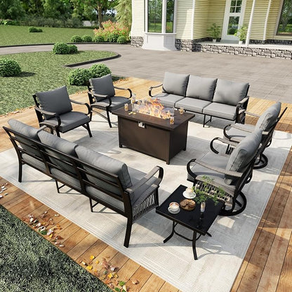 8 Pieces Patio Conversation Sets, All Weather Metal Outdoor Furniture Set, 2 Three-Seater, 2 Swivel Rockers, 2 Single Chairs, 1 Side Tables, 1 Fire Pit Table for Backyard Garden Deck Porch, Gray