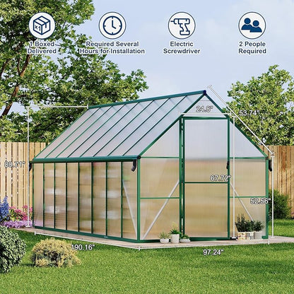 8X16 ft Polycarbonate Greenhouse with Aluminum Frame, Polycarbonate Greenhouse for Outdoors, Greenhouses with Ventilation and Rain Gutter, Aluminum Large Walk-in Greenhouses for Outside