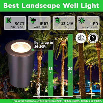 In Ground Landscape Lighting Low Voltage - 2700K-5000K 5 Color Selectable IP67 LED Well Lights, Outdoor 12V Open Top in-Grade Light, ORB Aluminum for Lawn Driveway Garden 9W 700LM 4 Pack